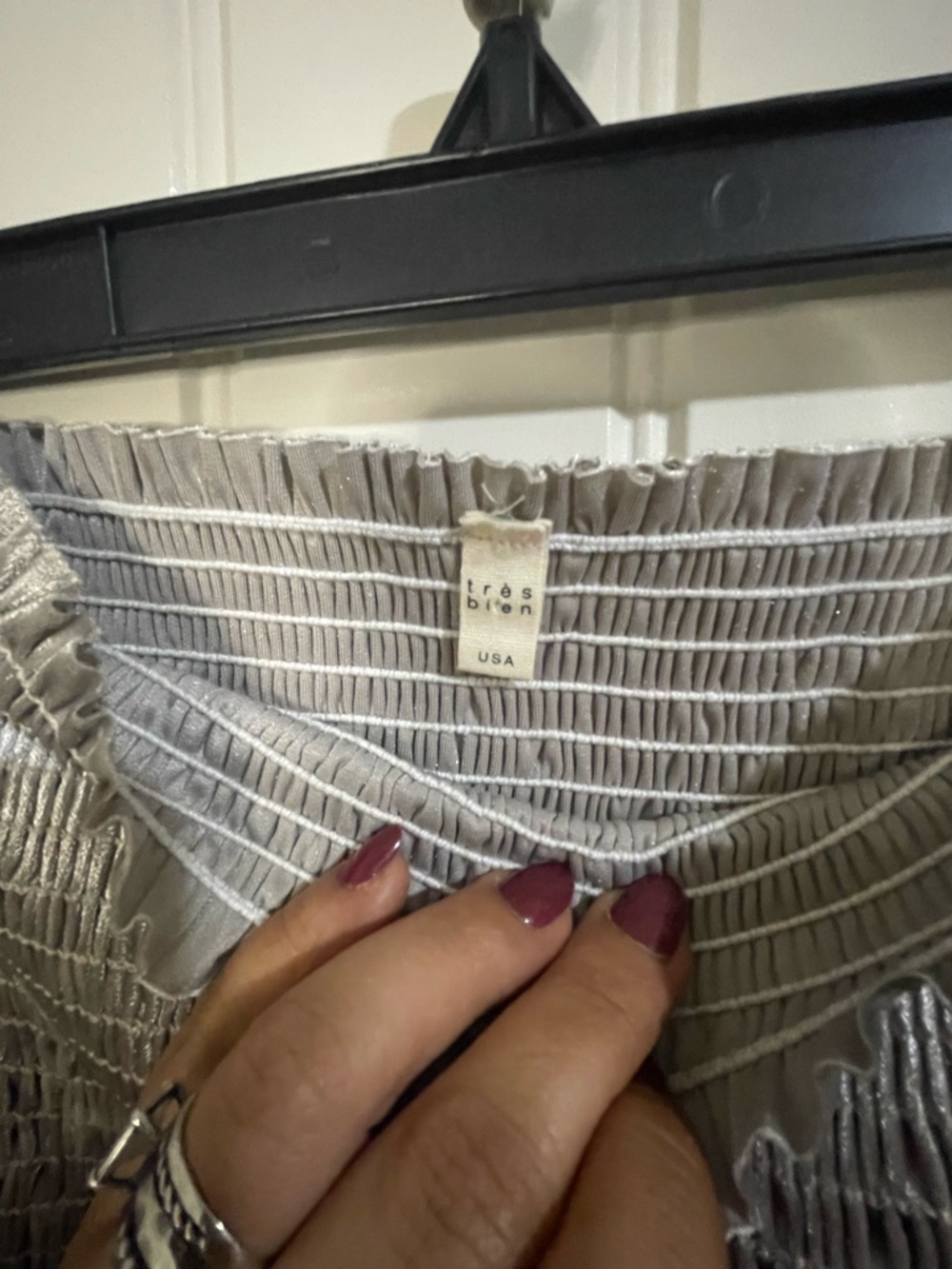 Tres Bien Off-Shoulder Smocked Crop Top in Light Gray - Picture 3 of 4